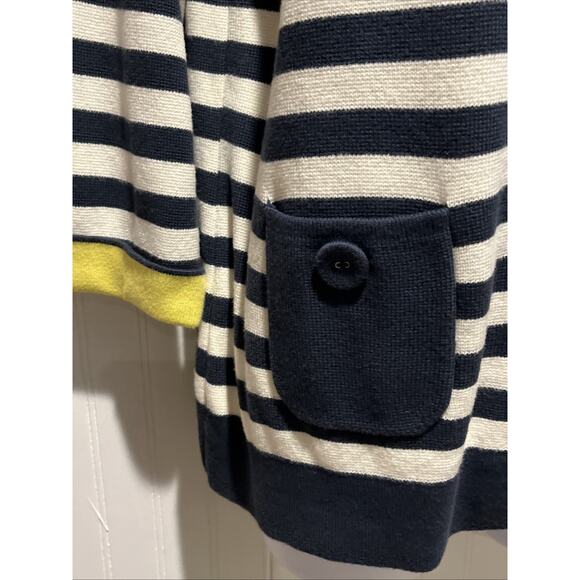 LL Bean Navy Blue White Yellow Striped Cardigan Button With Pockets L - Picture 3 of 8